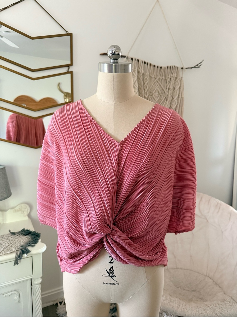 Twist-Front Pleated V-Neck Blouse - Dusty Rose